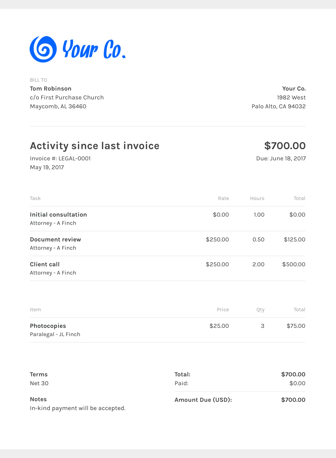 law invoice