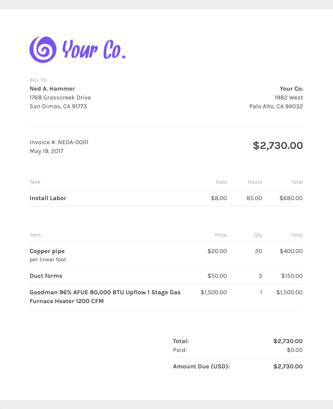Free Work Invoice Template from zipbooks.com