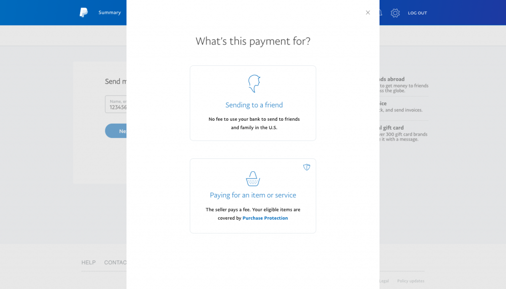 PayPal—Choose Sending to a friend